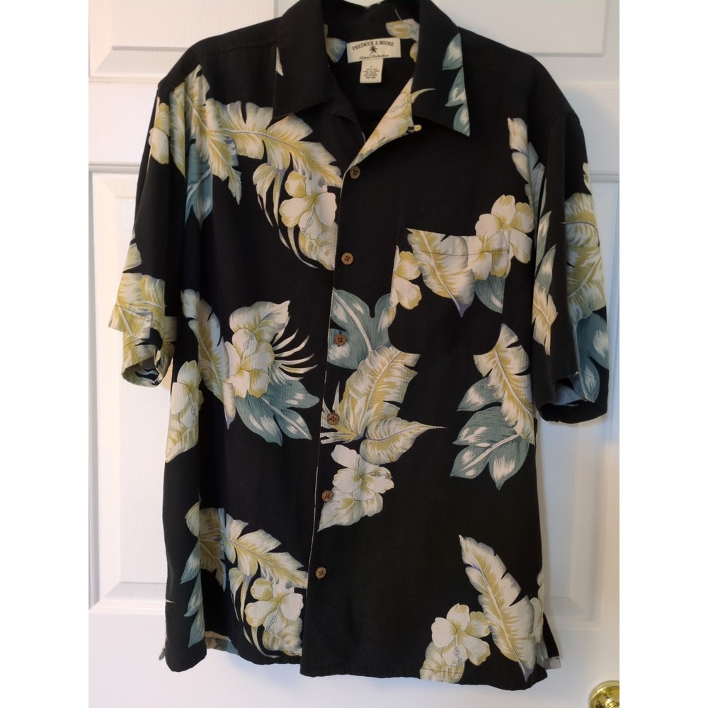 Preswick & Moore Black Hawaiian Shirt W/Hibiscus & Ferns 100% Silk  Mens L